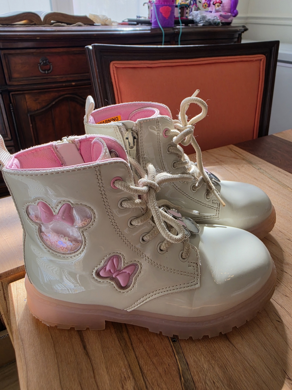Disney Cream and Pink Light-Up Girls Lace-Up Boots